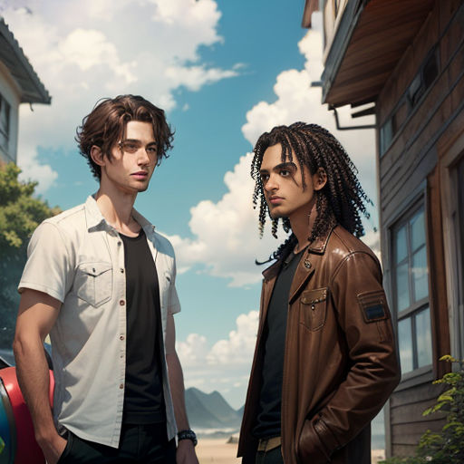 two men standing next to each other in front of a building with a beach ball in front of them