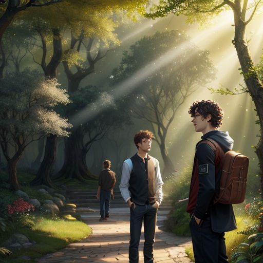 a painting of two men standing in a forest with a light shining through the trees and a path leading to the woods