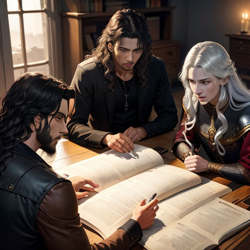a group of people sitting around a table with an open book in front of them and a man writing