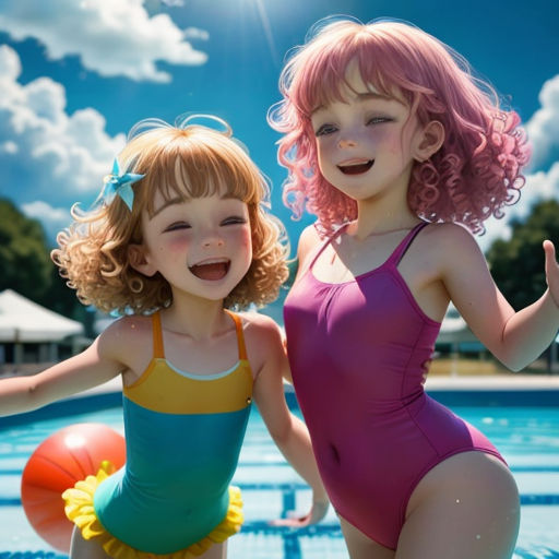 two young girls in swimsuits standing in a pool with a ball in the water and smiling at the camera