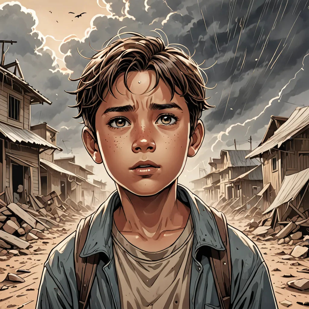 a boy standing in a street with a sky background and a building in the background with a bird flying overhead, cynical realism, a comic book panel, Diego Gisbert Llorens, graphic novel