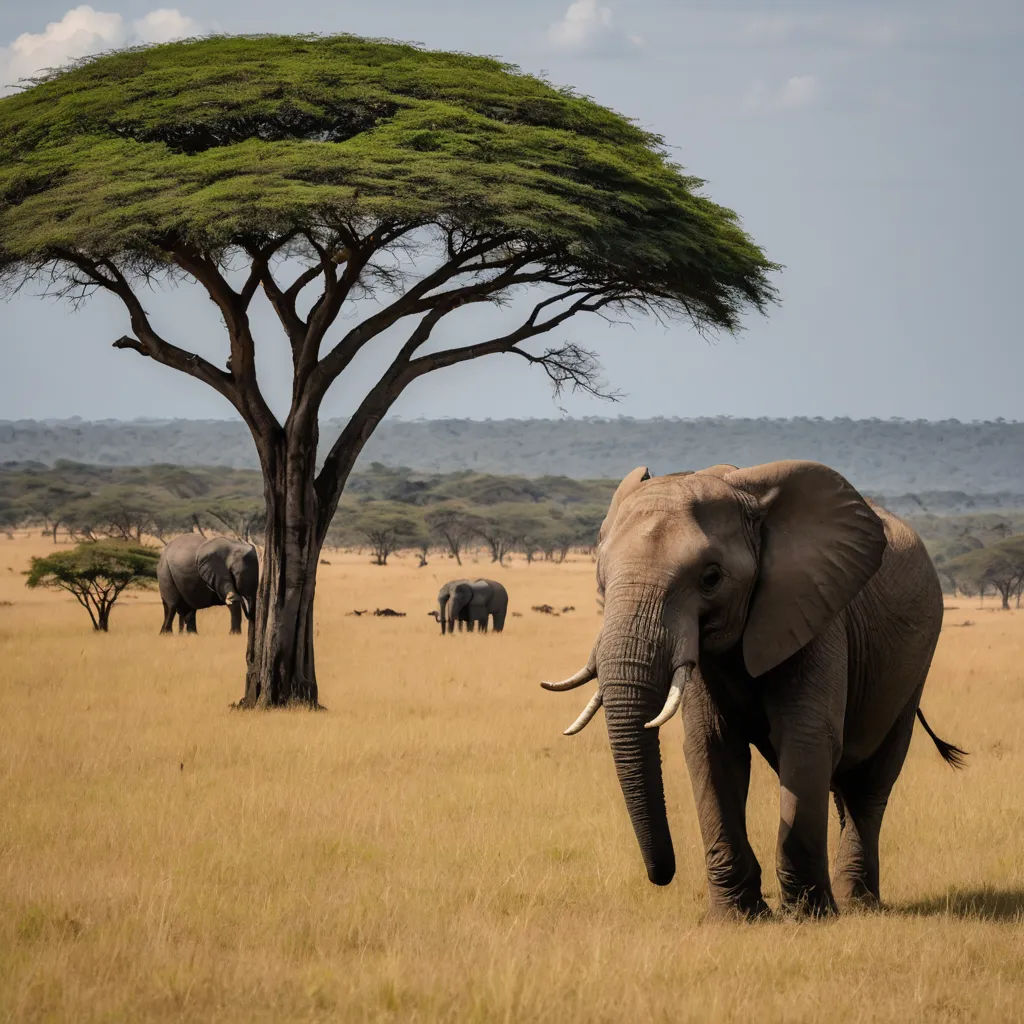 a large elephant standing in a field next to a tree and other animals in the background with a sky background, naturalism, a jigsaw puzzle, Amédée Ozenfant, wildlife photography