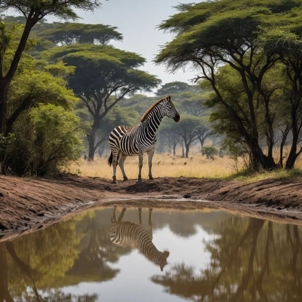 a zebra standing in front of a body of water with trees in the background and a reflection of the water, naturalism, a jigsaw puzzle, Andrew Geddes, wildlife photography