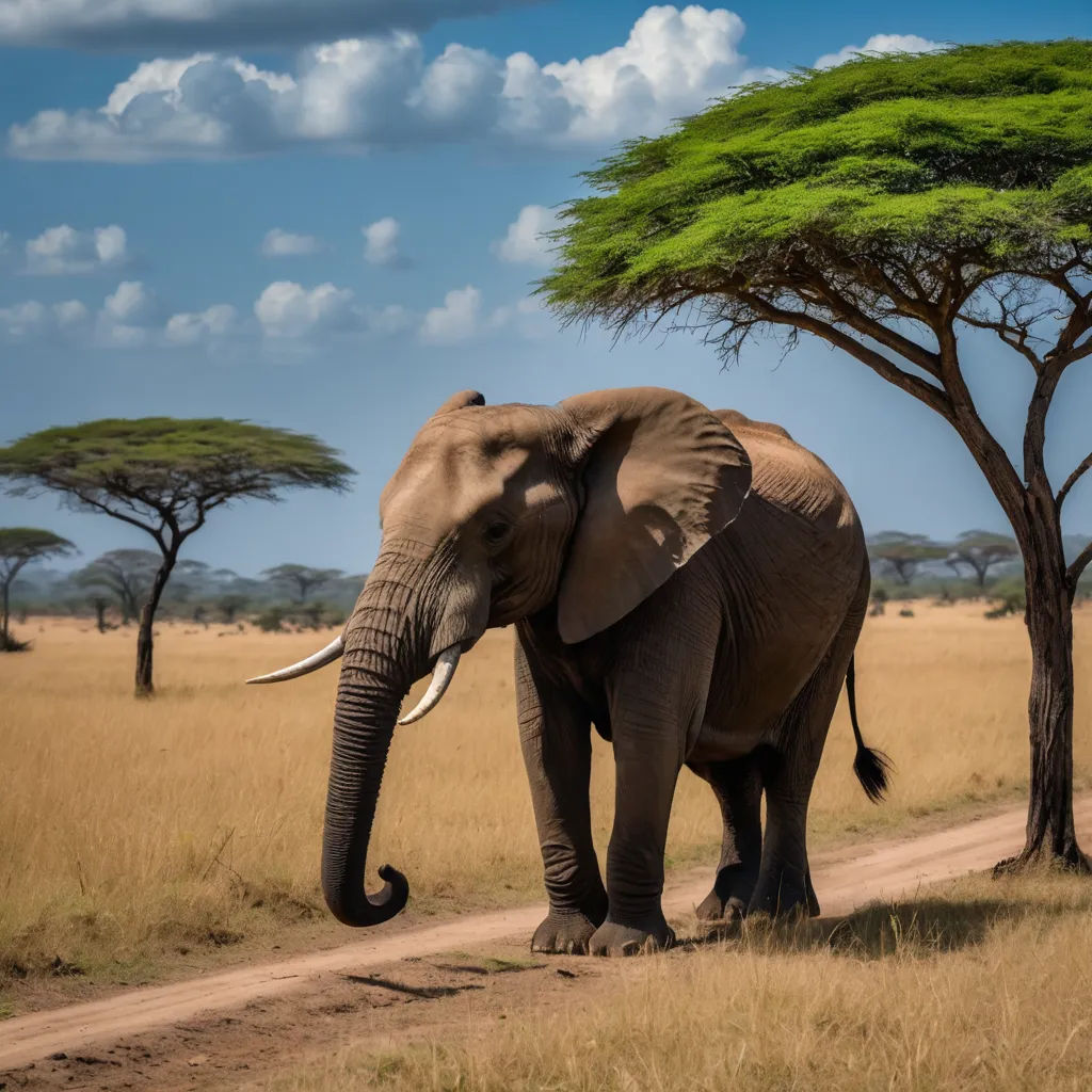 an elephant walking down a dirt road in the wild with trees in the background and a blue sky with clouds, sumatraism, a jigsaw puzzle, Amédée Ozenfant, wildlife photography