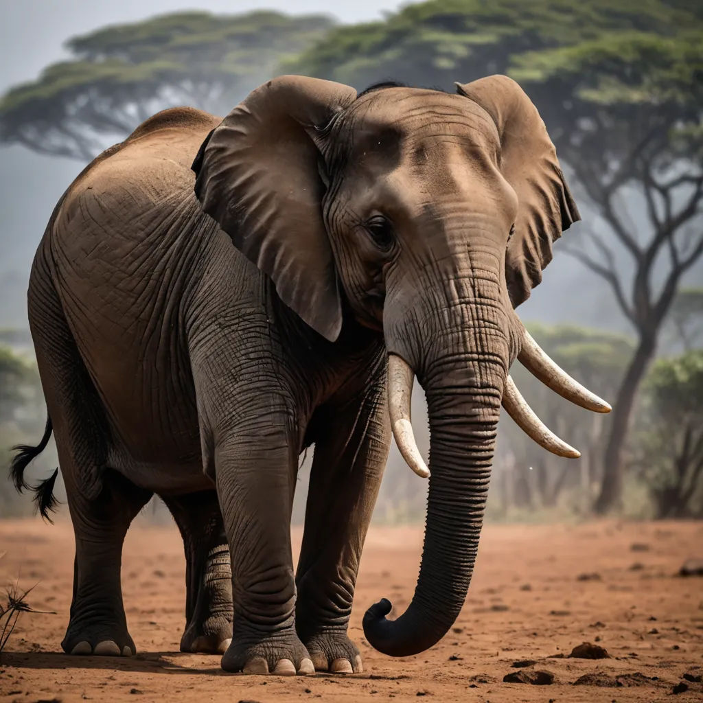 a large elephant standing on top of a dirt field next to trees and bushes on a cloudy day with a sky background, sumatraism, a jigsaw puzzle, Amédée Ozenfant, animal photography