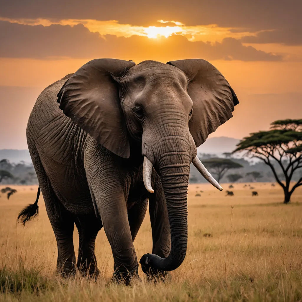 an elephant walking through a field with a sunset in the background and trees in the foreground, with a few clouds in the sky, sumatraism, a jigsaw puzzle, Amédée Ozenfant, wildlife photography