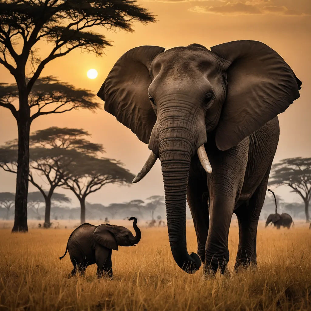 a large elephant and a small elephant walking in a field with trees in the background at sunset or dawn, sumatraism, a jigsaw puzzle, Amédée Ozenfant, wildlife photography