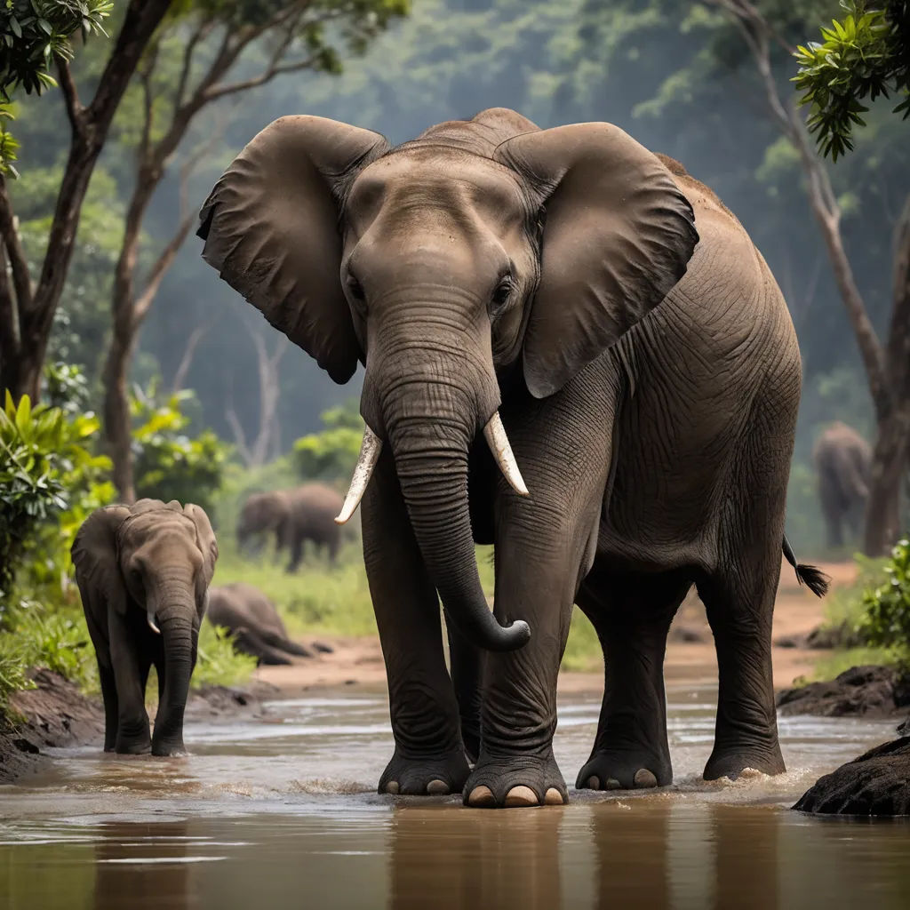 a large elephant standing next to a baby elephant in a river of water with trees in the background and a few other elephants, sumatraism, a jigsaw puzzle, Amédée Ozenfant, wildlife photography