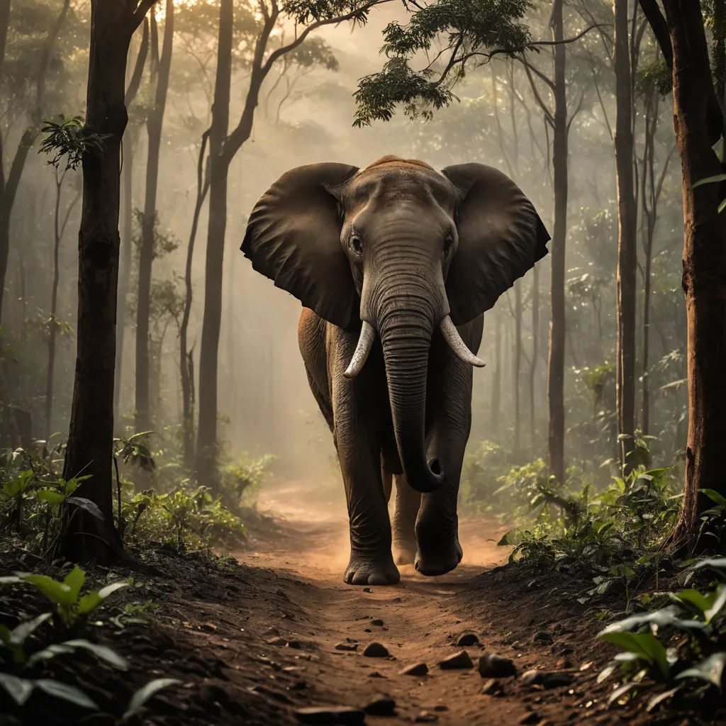 an elephant walking down a dirt road in the woods with trees and bushes around it, with the sun shining through the trees, sumatraism, a digital painting, Daniel Lieske, wildlife photography