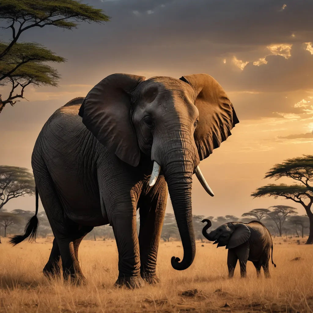 a large elephant and a small elephant walking in a field with trees in the background at sunset or dawn, sumatraism, a jigsaw puzzle, Amédée Ozenfant, wildlife photography