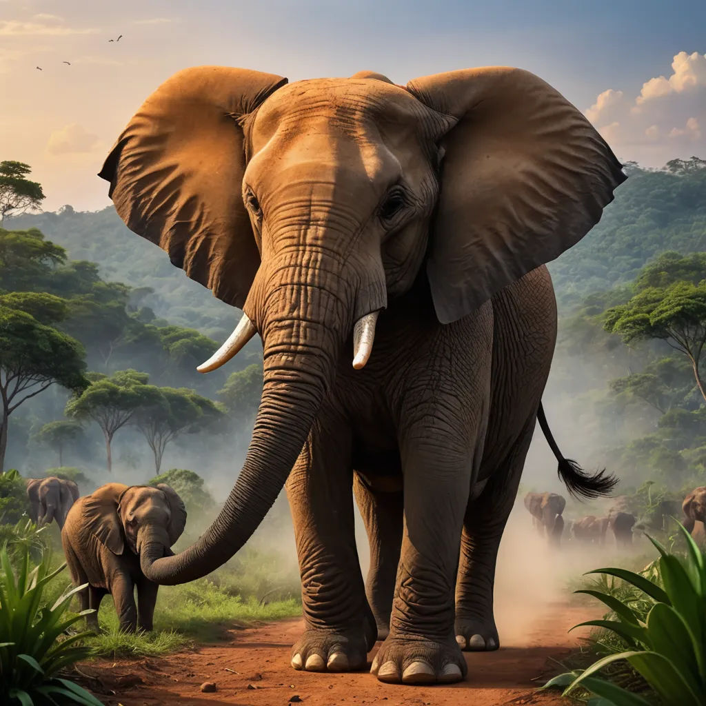a large elephant standing on a dirt road next to a forest filled with trees and bushes and a baby elephant, sumatraism, a digital painting, Amédée Ozenfant, wildlife photography