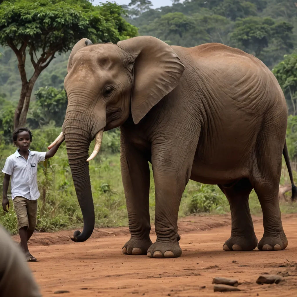 a man is walking with an elephant on a dirt road near trees and bushes, while a man is holding his hand out to the elephant, magical realism, a jigsaw puzzle, Amédée Ozenfant, wildlife photography