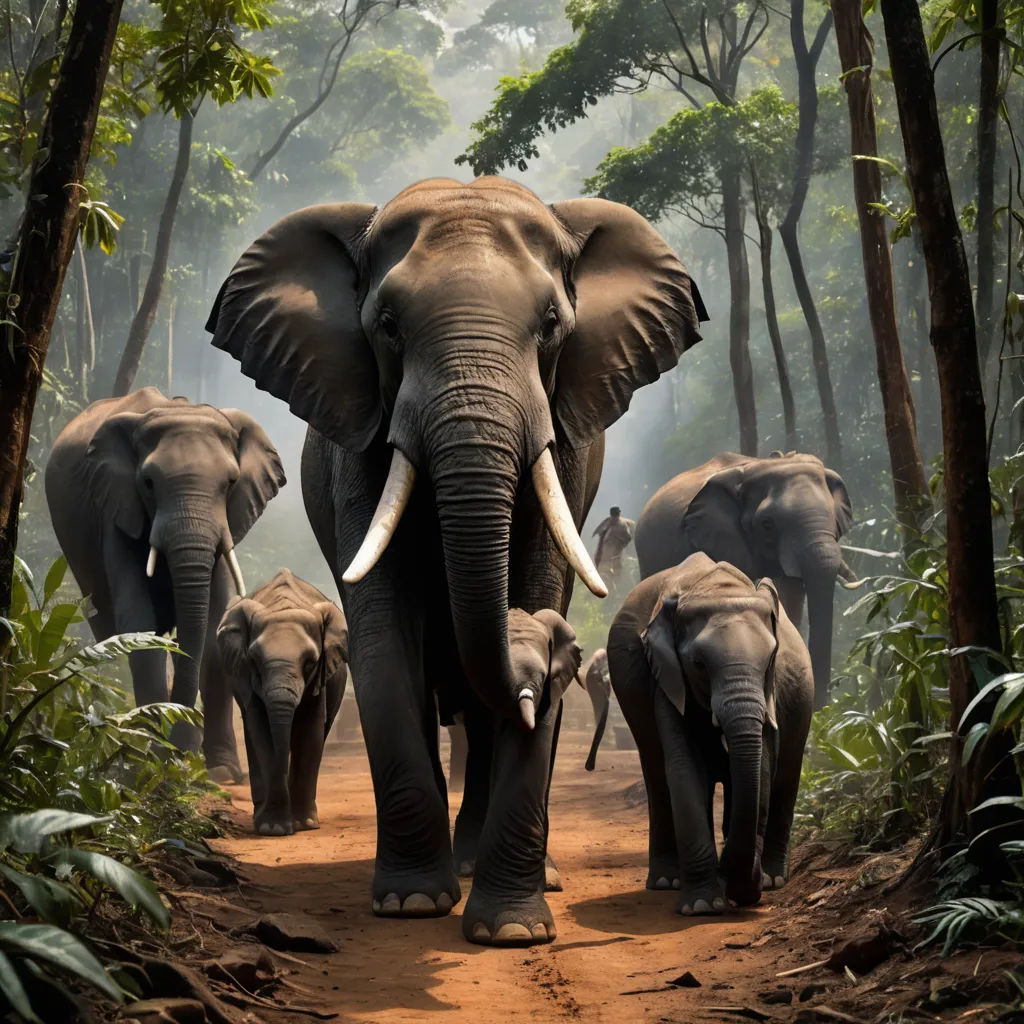 a herd of elephants walking down a dirt road in the jungle with trees and bushes behind them and a man standing on the side of the road, sumatraism, a matte painting, Amédée Ozenfant, wildlife photography