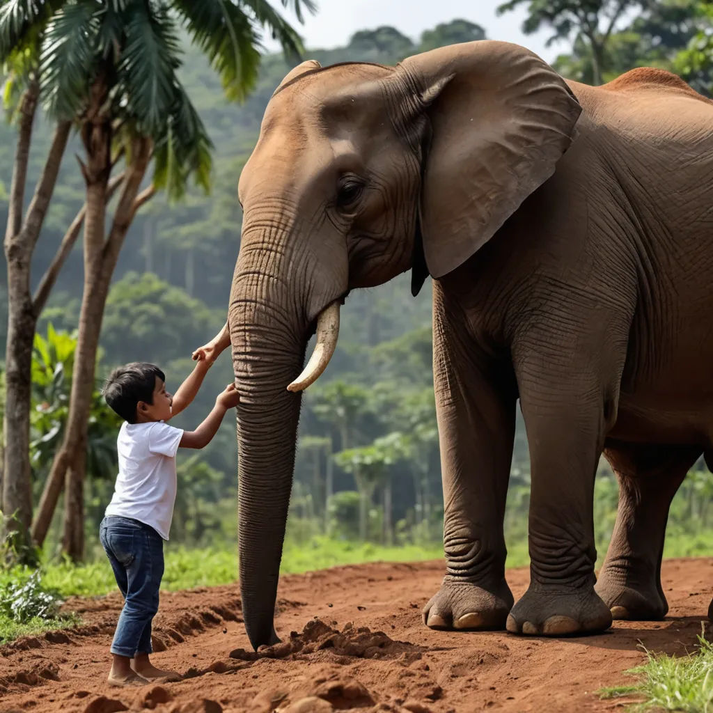 a woman touching the trunk of an elephant on a dirt road with trees in the background and a man reaching out to touch the elephant, sumatraism, a stock photo, Amédée Ozenfant, wildlife photography