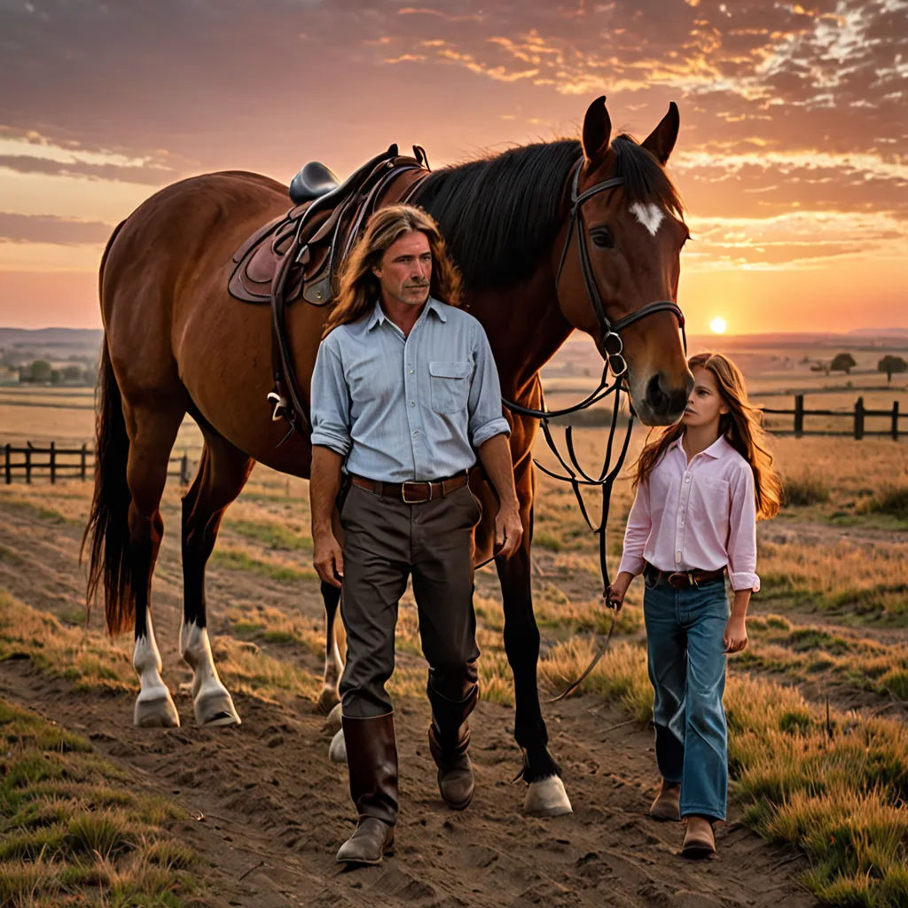 a man and a woman walking a horse on a dirt road at sunset with a horse in the background, art photography, a stock photo, Anson Maddocks, cinematic photography