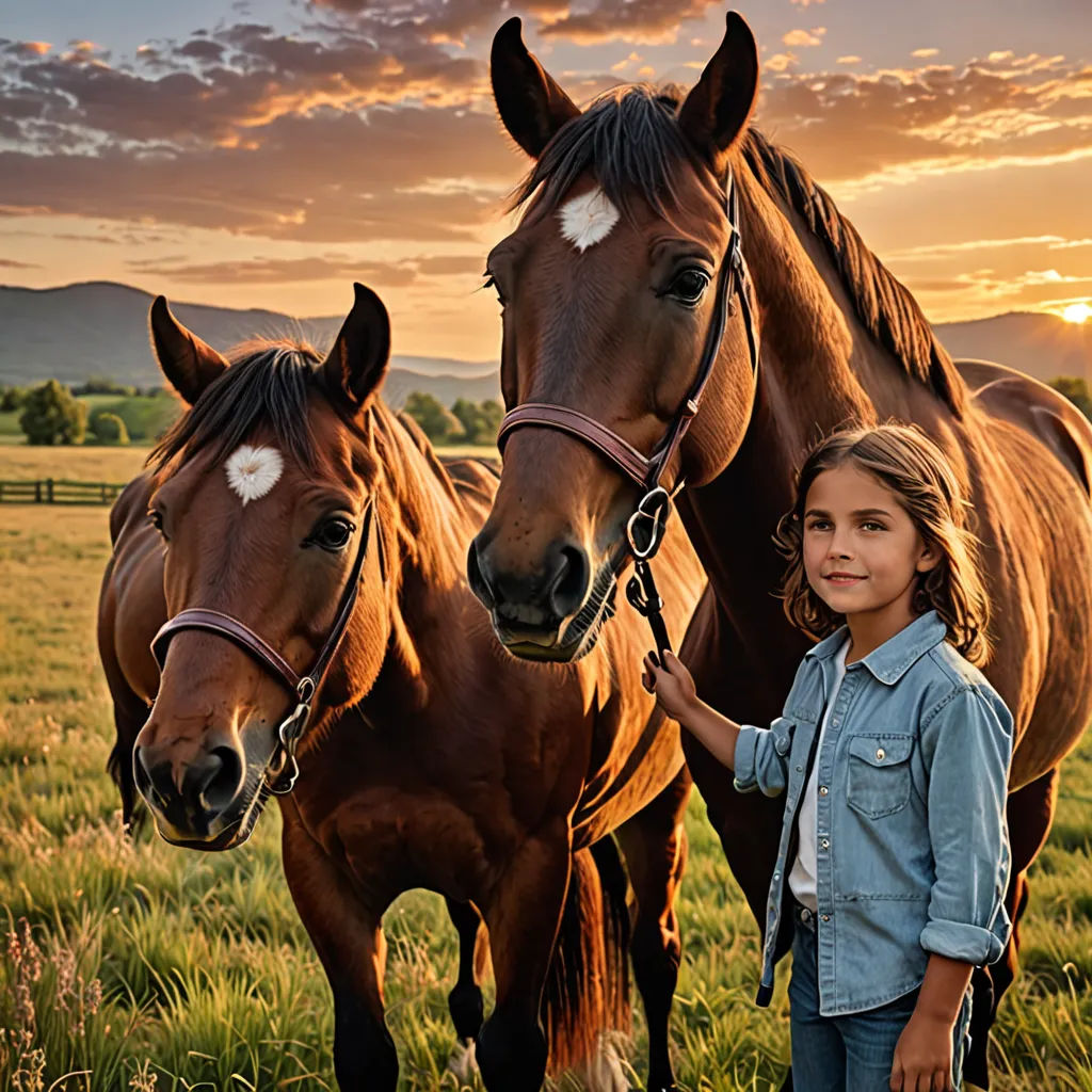a girl standing next to two horses in a field at sunset or sunrise with a sky background and clouds, art photography, a stock photo, Ancell Stronach, animal photography