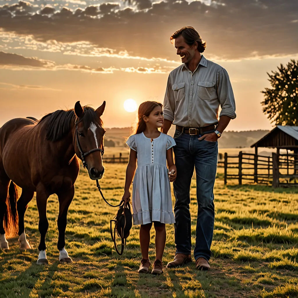 a man and a little girl standing next to a horse in a field at sunset with a horse in the foreground, american impressionism, a stock photo, Christian Hilfgott Brand, promotional image