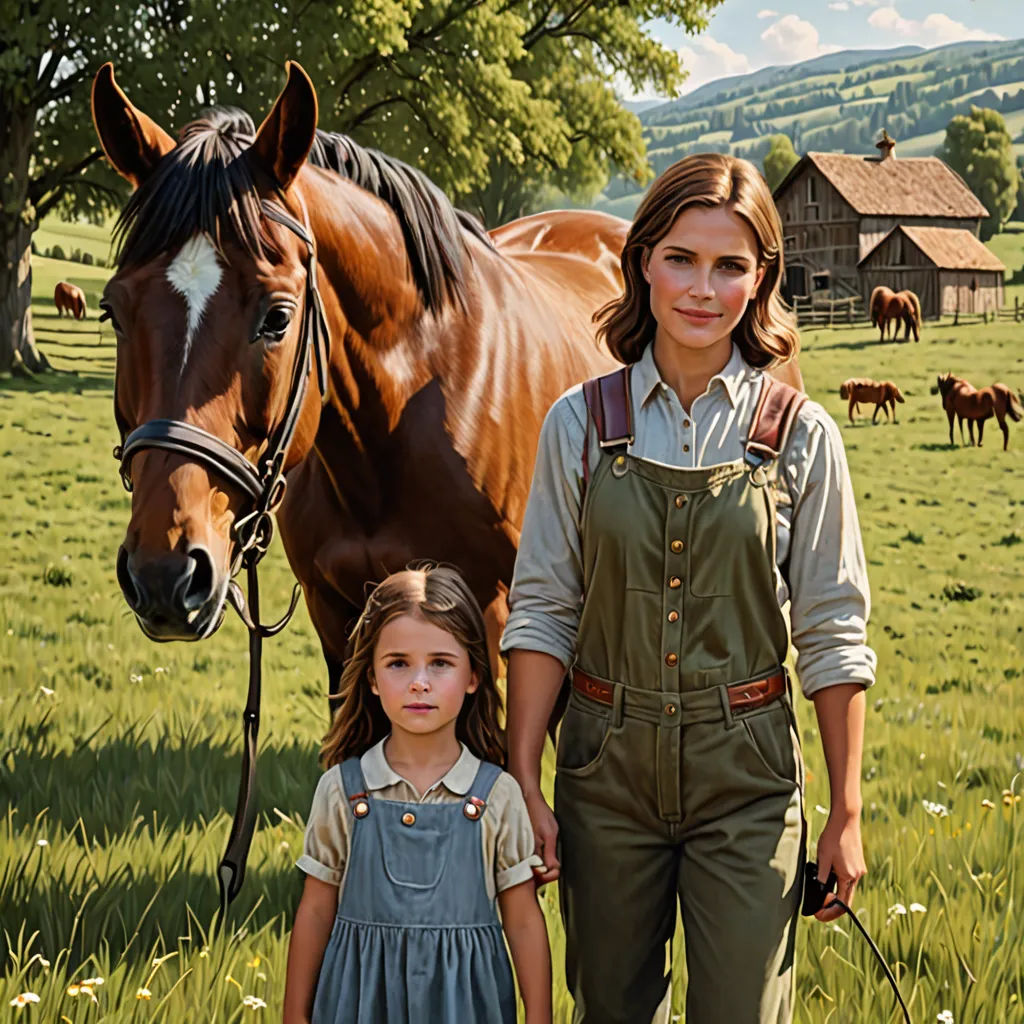 a woman and a girl standing next to a horse in a field of grass with other horses in the background, socialist realism, a photorealistic painting, Christian Hilfgott Brand, promotional image