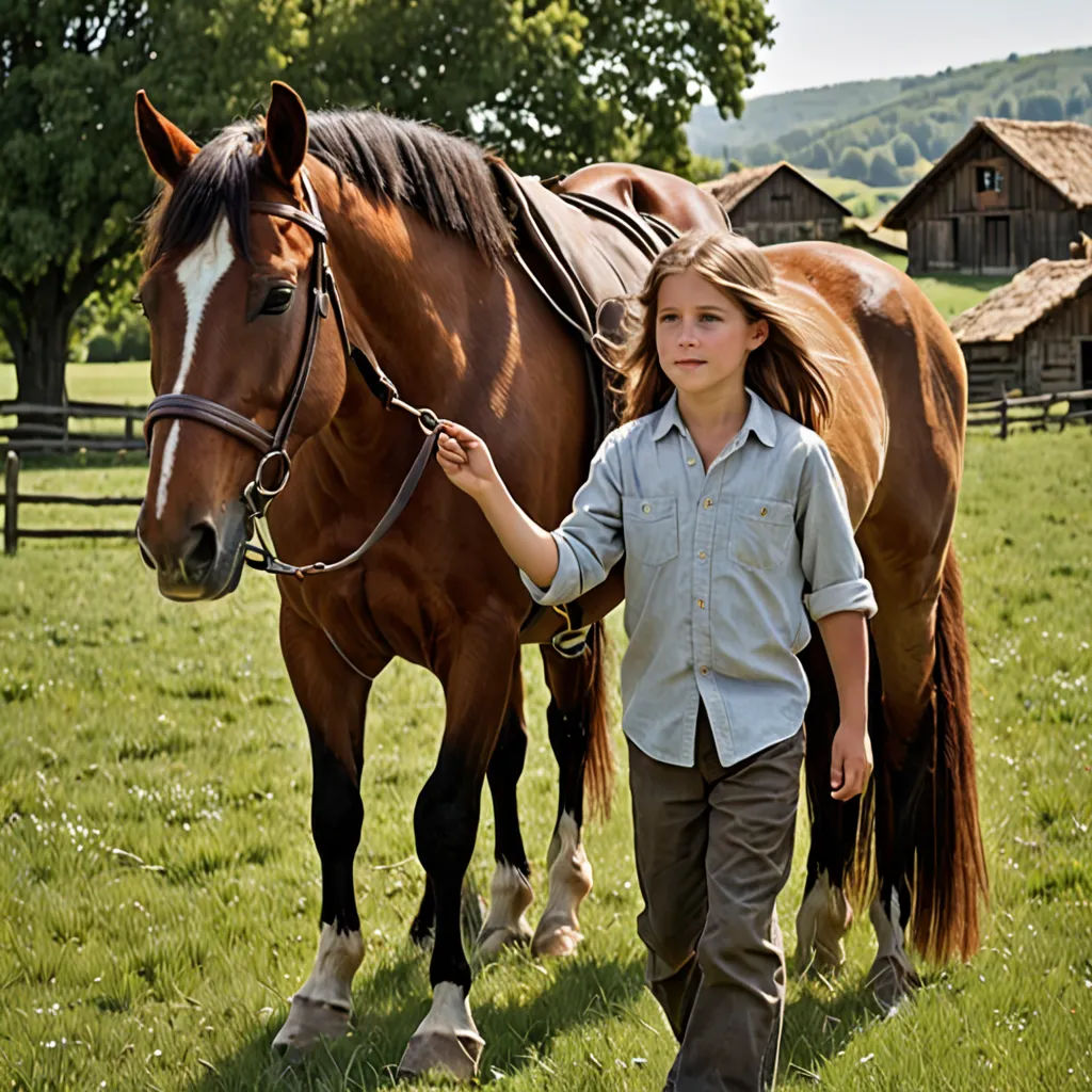 a young girl leading a horse in a field of grass with a barn in the background and a horse in the foreground, heidelberg school, a stock photo, Ancell Stronach, promotional image