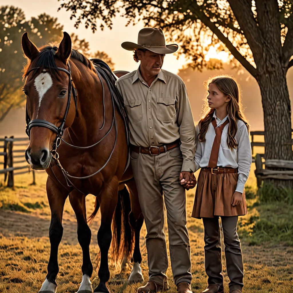 a man and a little girl standing next to a horse in a field with a fence and trees in the background, american romanticism, a poster, Ancell Stronach, promotional image