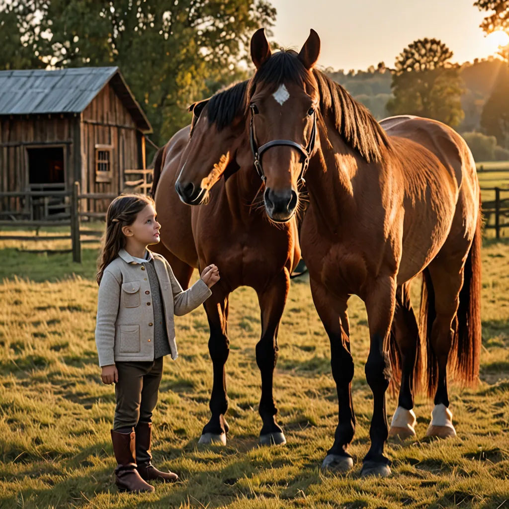 a girl is petting a horse in a field with a barn in the background and a horse standing next to her, heidelberg school, a stock photo, Christian Hilfgott Brand, promotional image