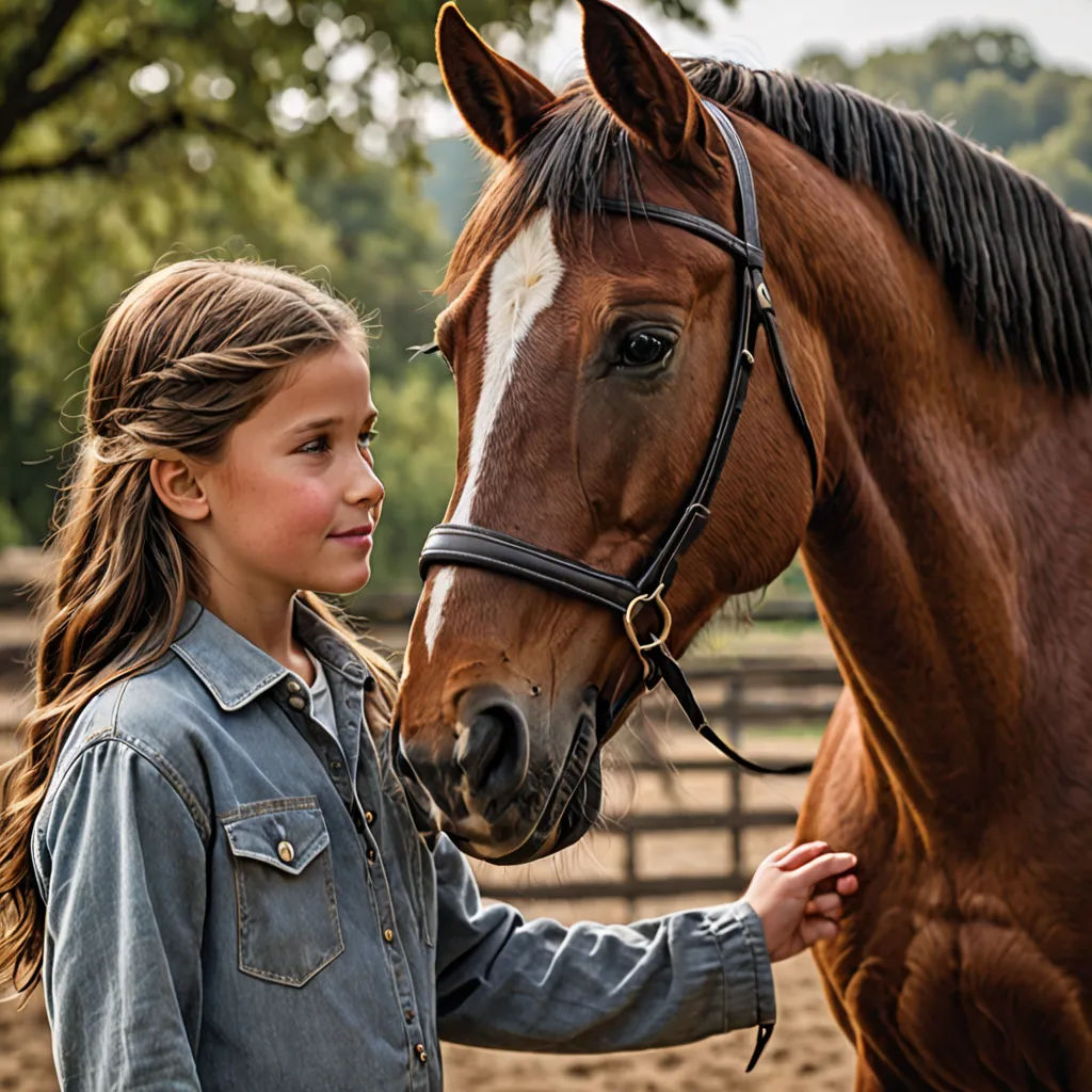 a girl is petting a horse in a corral area of a ranch area with a fence and trees, barbizon school, a stock photo, Christian Hilfgott Brand, promotional image