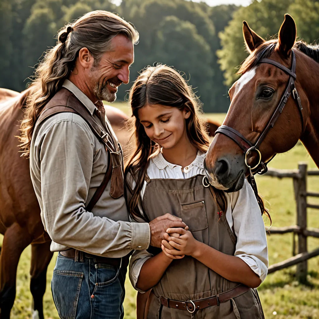 a man and a girl standing next to a horse in a field with a fence and trees in the background, german romanticism, a stock photo, Christian Hilfgott Brand, promotional image