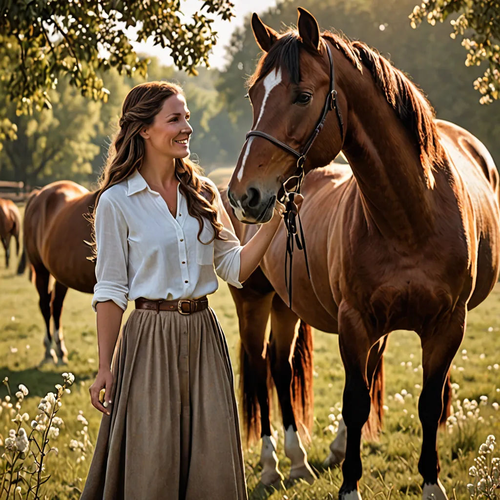 a woman in a long skirt petting a horse in a field of horses in the background, with trees and grass, german romanticism, a stock photo, Christian Hilfgott Brand, promotional image