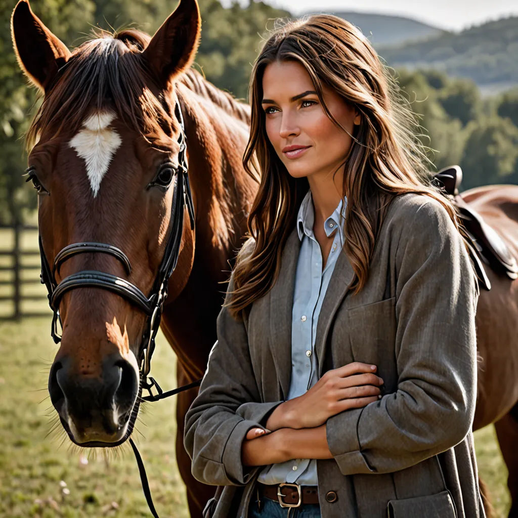 a woman standing next to a horse in a field of grass and trees in the background, with her arms crossed, american romanticism, a stock photo, Christian Hilfgott Brand, promotional image