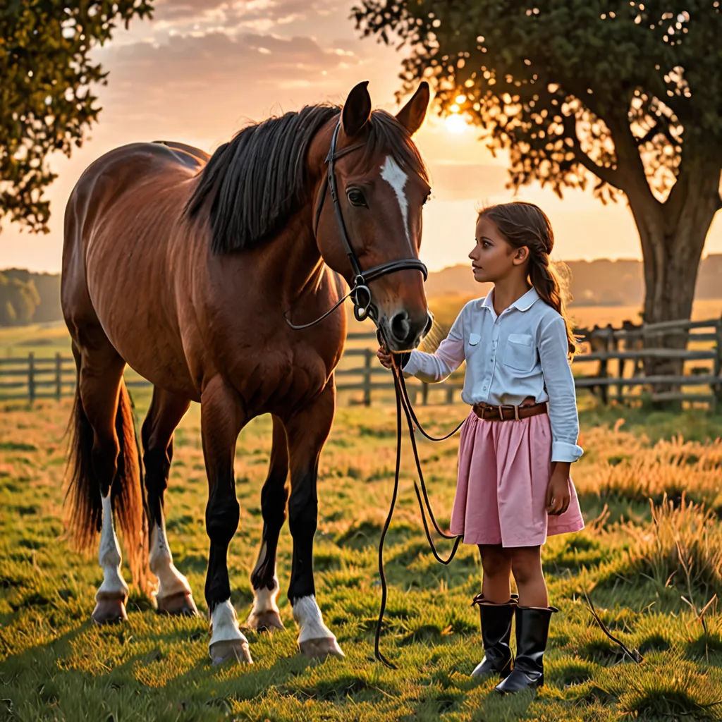 a girl is standing next to a horse in a field of grass and trees at sunset with the sun shining on the horse, art photography, a stock photo, Elke Vogelsang, cinematic photography