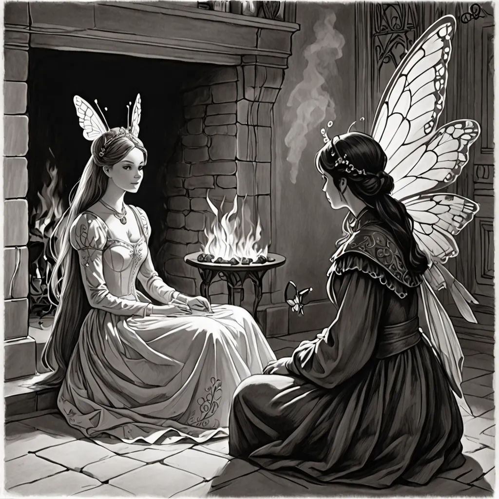 a fairy and a fairy sitting in front of a fire place with a fire place in the background and a fire place in the middle, fantasy art, a storybook illustration, Ed Binkley, storybook illustration
