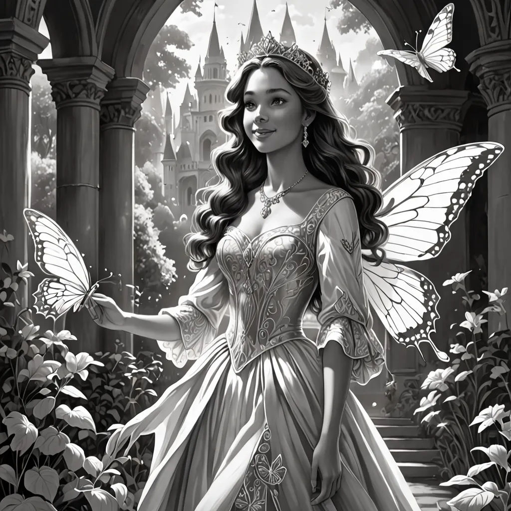 a beautiful fairy standing in front of a castle with butterflies on her wings and a tiara on her head, fantasy art, a storybook illustration, Chris Rallis, fantasy style
