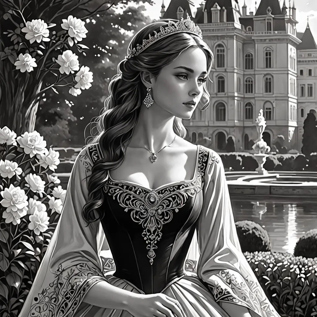 a woman in a dress sitting in front of a castle with flowers and a fountain in front of her, fantasy art, an ultrafine detailed painting, Charlie Bowater, beautiful detailed