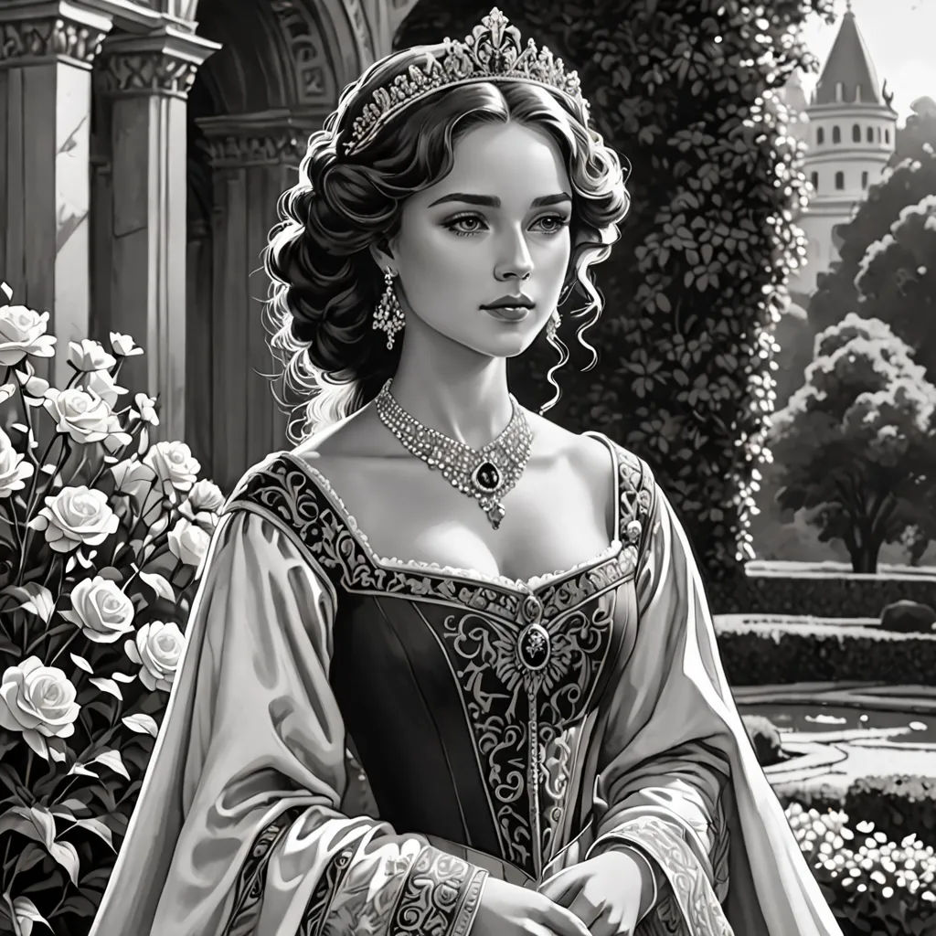 a woman in a dress and tiara standing in front of a garden with roses and a fountain in the background, fantasy art, an ultrafine detailed painting, Chris Rallis, high detail illustration