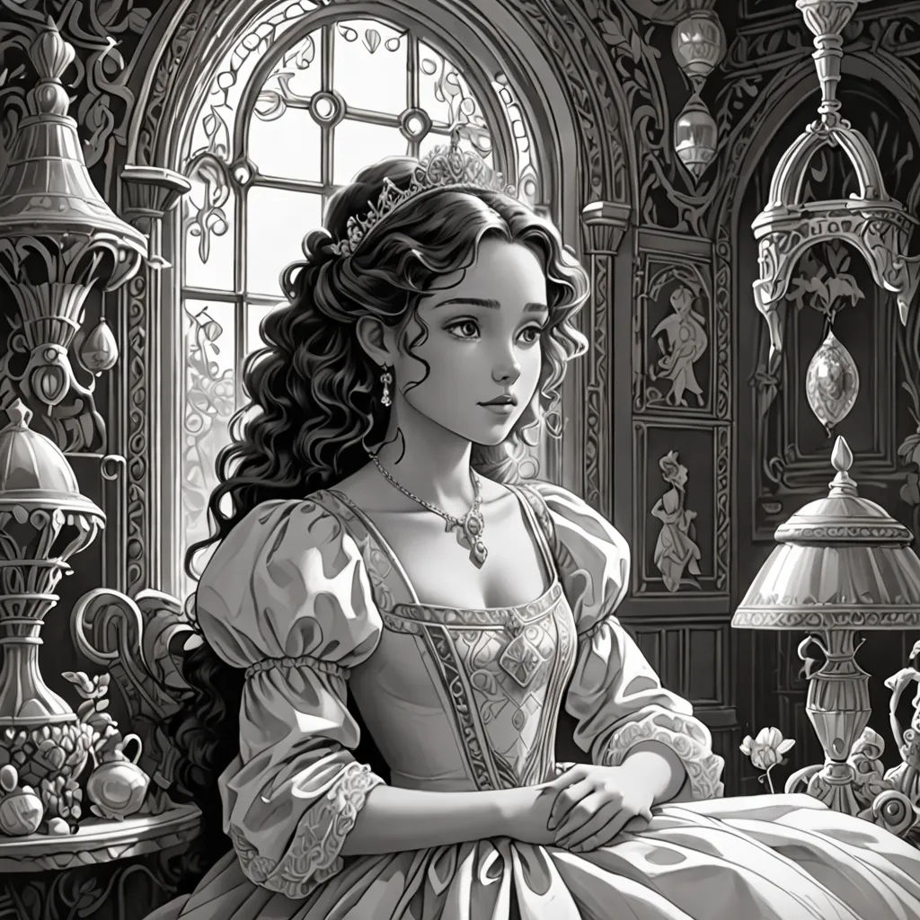 a woman in a dress sitting in a room with a window and a lamp on the wall and a clock on the wall, gothic art, a storybook illustration, Edgar Ainsworth, rossdraws global illumination