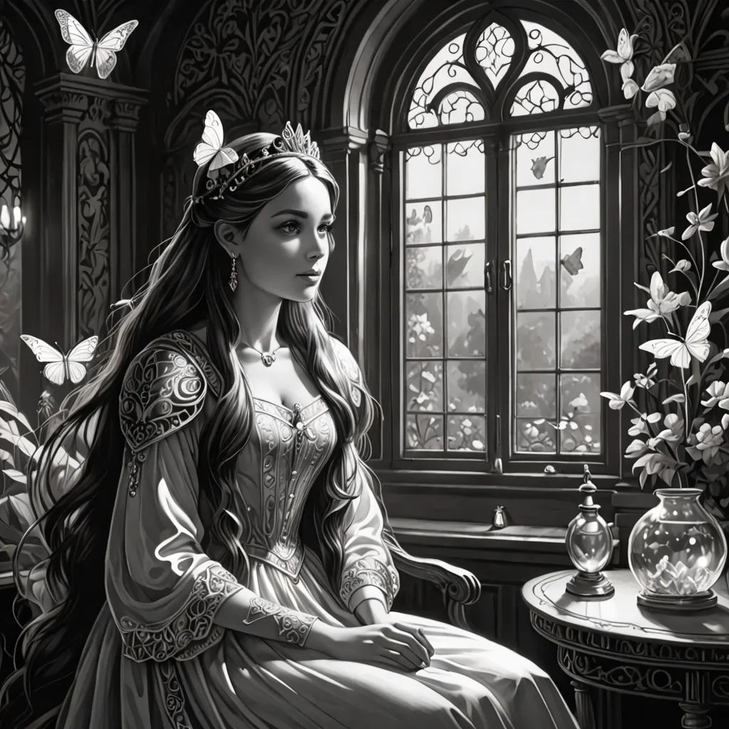 a woman in a dress sitting in front of a window with butterflies on it and a vase of flowers, gothic art, a storybook illustration, Edgar Ainsworth, storybook illustration