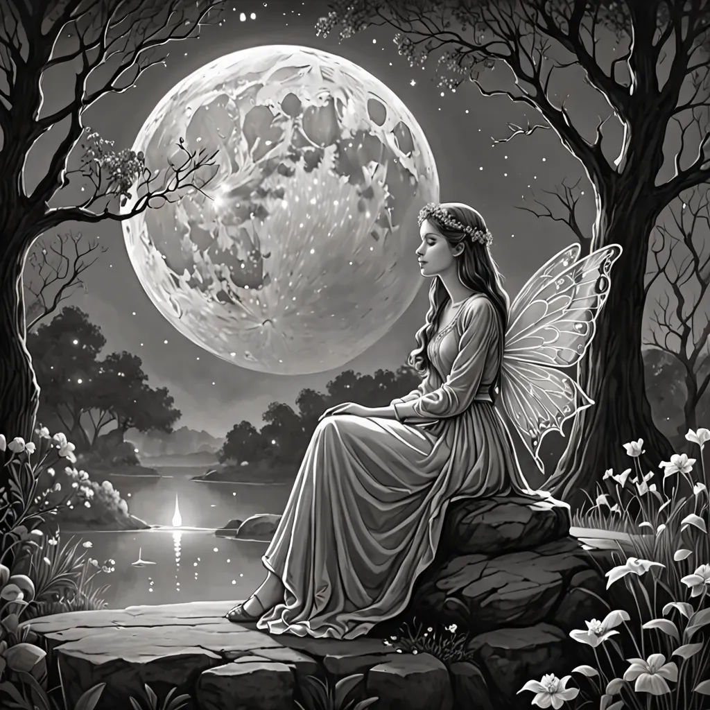 a fairy sitting on a rock looking at the moon in the sky above a lake with flowers and trees, gothic art, a storybook illustration, Ed Binkley, magical atmosphere
