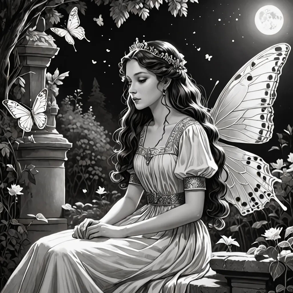 a woman sitting on a bench with a butterfly on her shoulder and a butterfly on her shoulder, in front of a night sky with butterflies, gothic art, a storybook illustration, Anne Stokes, storybook illustration