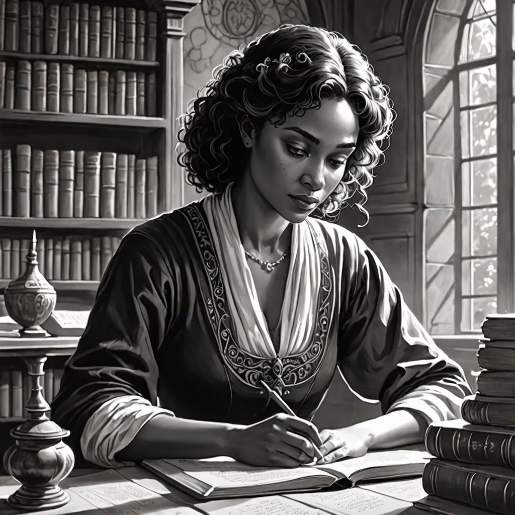 a woman sitting at a table with a book and pen in her hand and a stack of books behind her, fantasy art, a character portrait, Chris Rallis, fantasy illustration