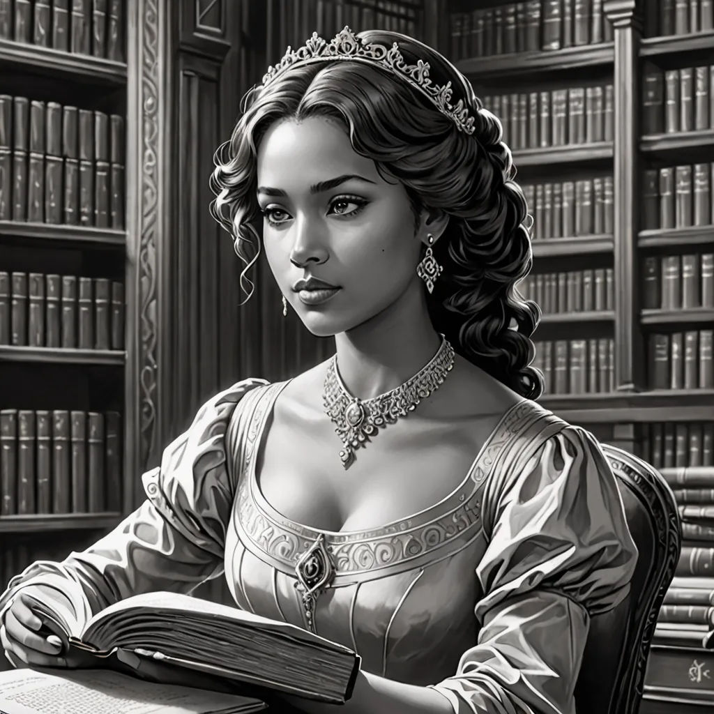 a woman in a dress sitting at a desk with a book in front of her and a bookcase behind her, fantasy art, an ultrafine detailed painting, Charlie Bowater, highly detailed digital painting