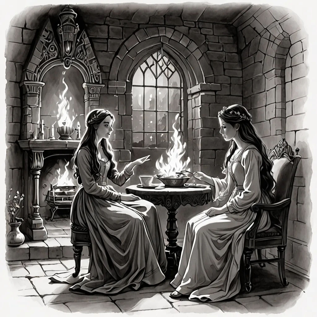 a drawing of two women sitting at a table with a fire in the fireplace behind them, one of them is reading a book, fantasy art, a storybook illustration, Anne Stokes, storybook illustration