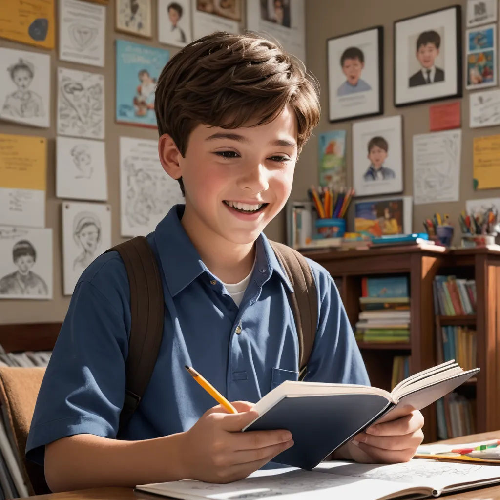 a boy is smiling while he is writing in a book and smiling at the camera while sitting at a desk, american scene painting, a character portrait, Anthony Angarola, promotional image
