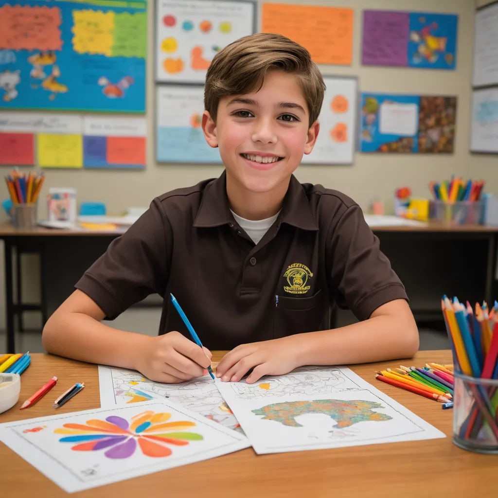 a boy sitting at a table with a book and pencils in front of him and a cup of pens and markers, naive art, a pointillism painting, artist, full color