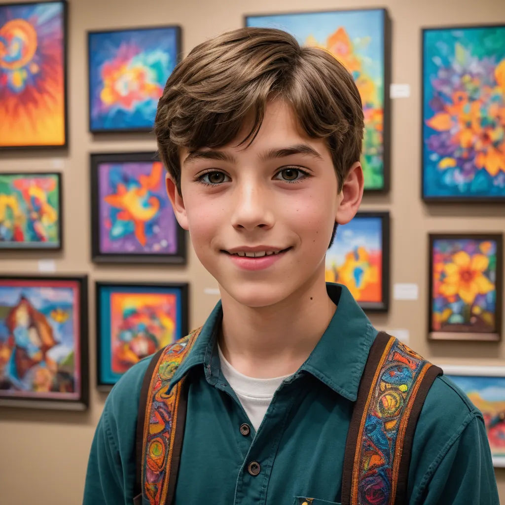 a young boy standing in front of a wall of paintings with a smile on his face and a backpack on his shoulder, naive art, a photorealistic painting, Ben Zoeller, kai carpenter