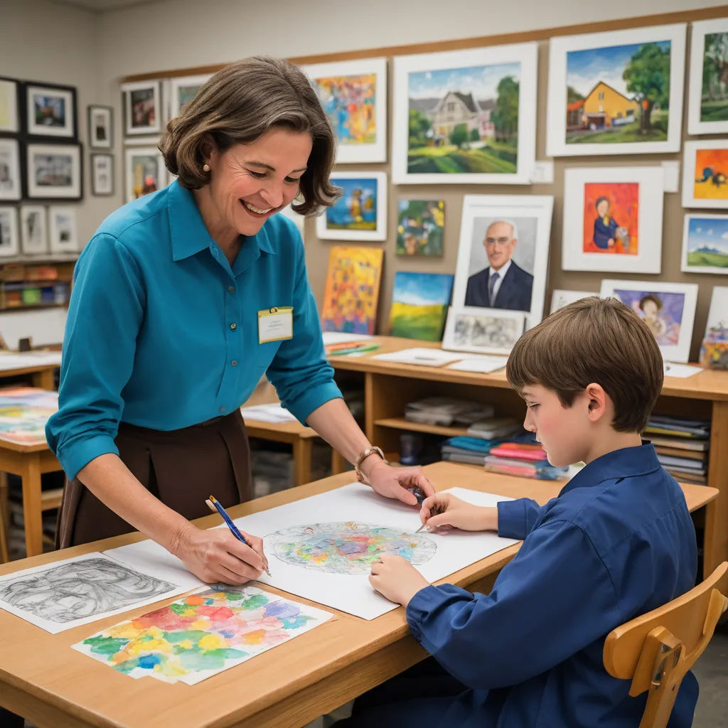a woman and a boy are sitting at a table with artwork on it and a woman is writing on a piece of paper, heidelberg school, a pointillism painting, Art & Language, ross draws