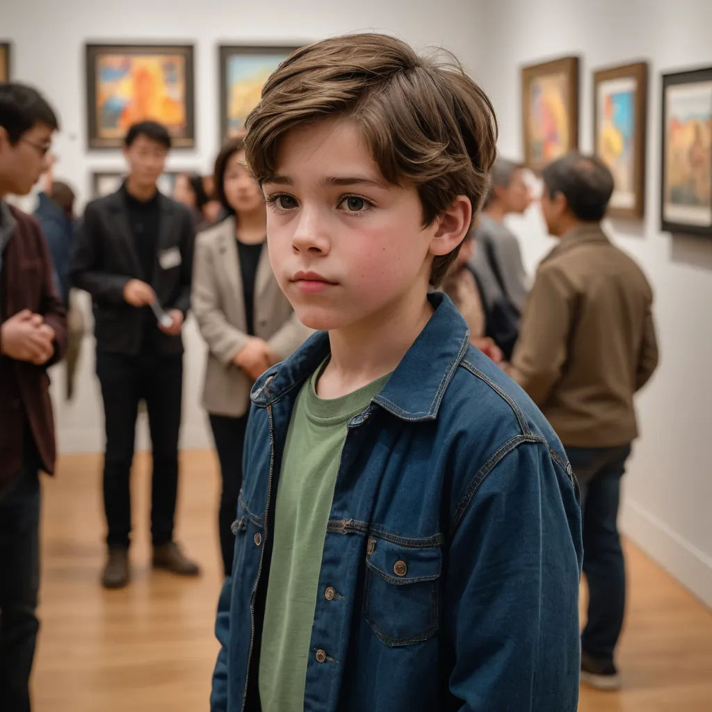 a young boy standing in front of a group of people in a museum looking at the camera with a serious look on his face, barbizon school, a photorealistic painting, Art & Language, artgem