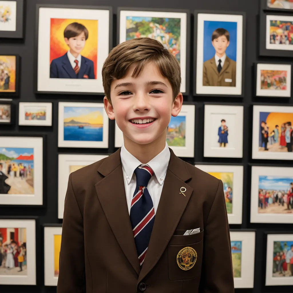 a young boy in a suit and tie standing in front of a wall of pictures of children's pictures, naive art, a character portrait, Alexander Runciman, kai carpenter