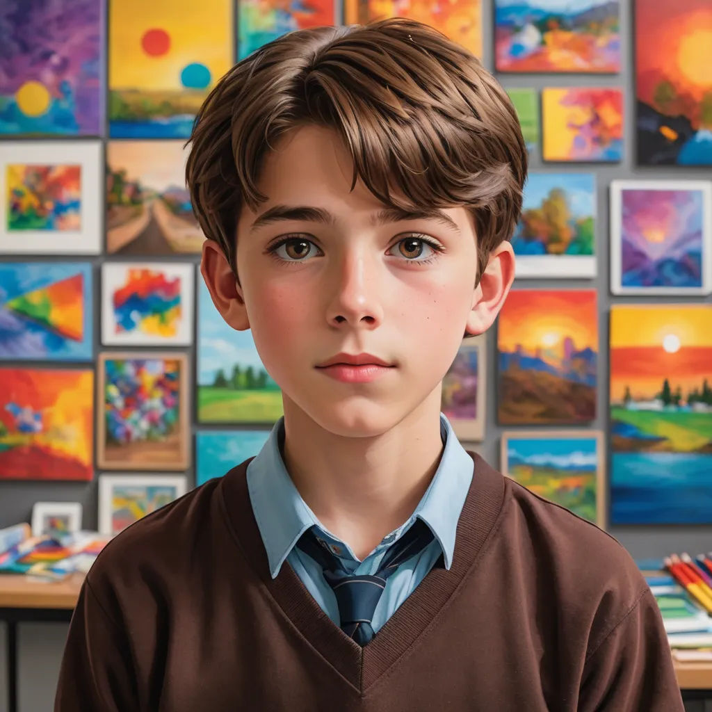 a boy in a sweater and tie standing in front of a wall of paintings and paintings on the wall, naive art, a hyperrealistic painting, Bertram Brooker, promotional image