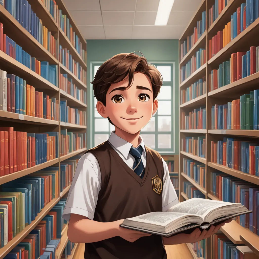 a boy is holding a book in a library with bookshelves behind him and a window to the left, sots art, a storybook illustration, Diego Gisbert Llorens, official art