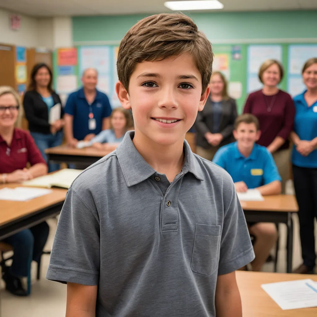 a boy in a classroom with a group of people behind him and a boy in a gray shirt smiling, american barbizon school, a stock photo, Ben Zoeller, kai carpenter